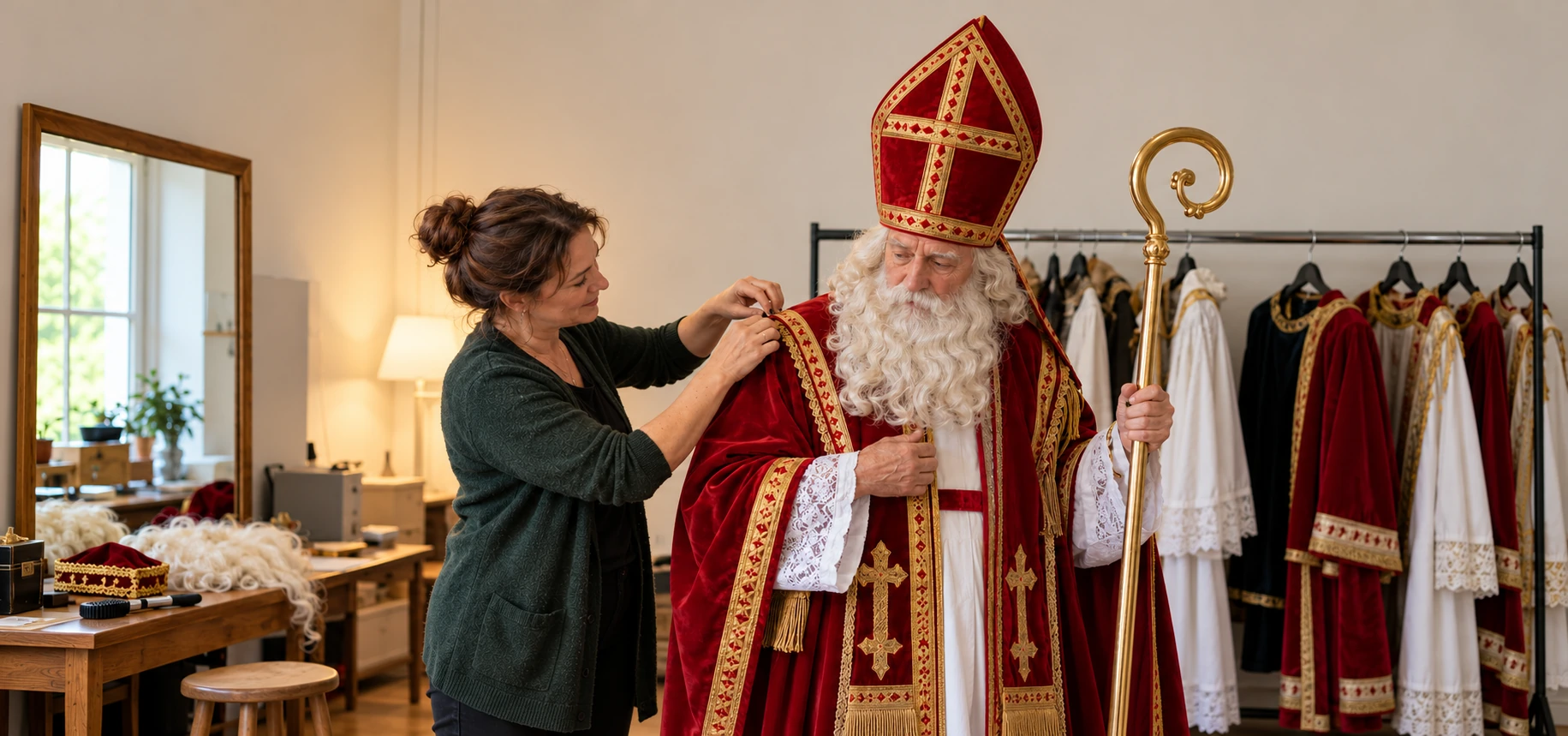 Nikolausdarsteller mit rotem Gewand, Mitra und Bischofsstab in einer Garderobe.